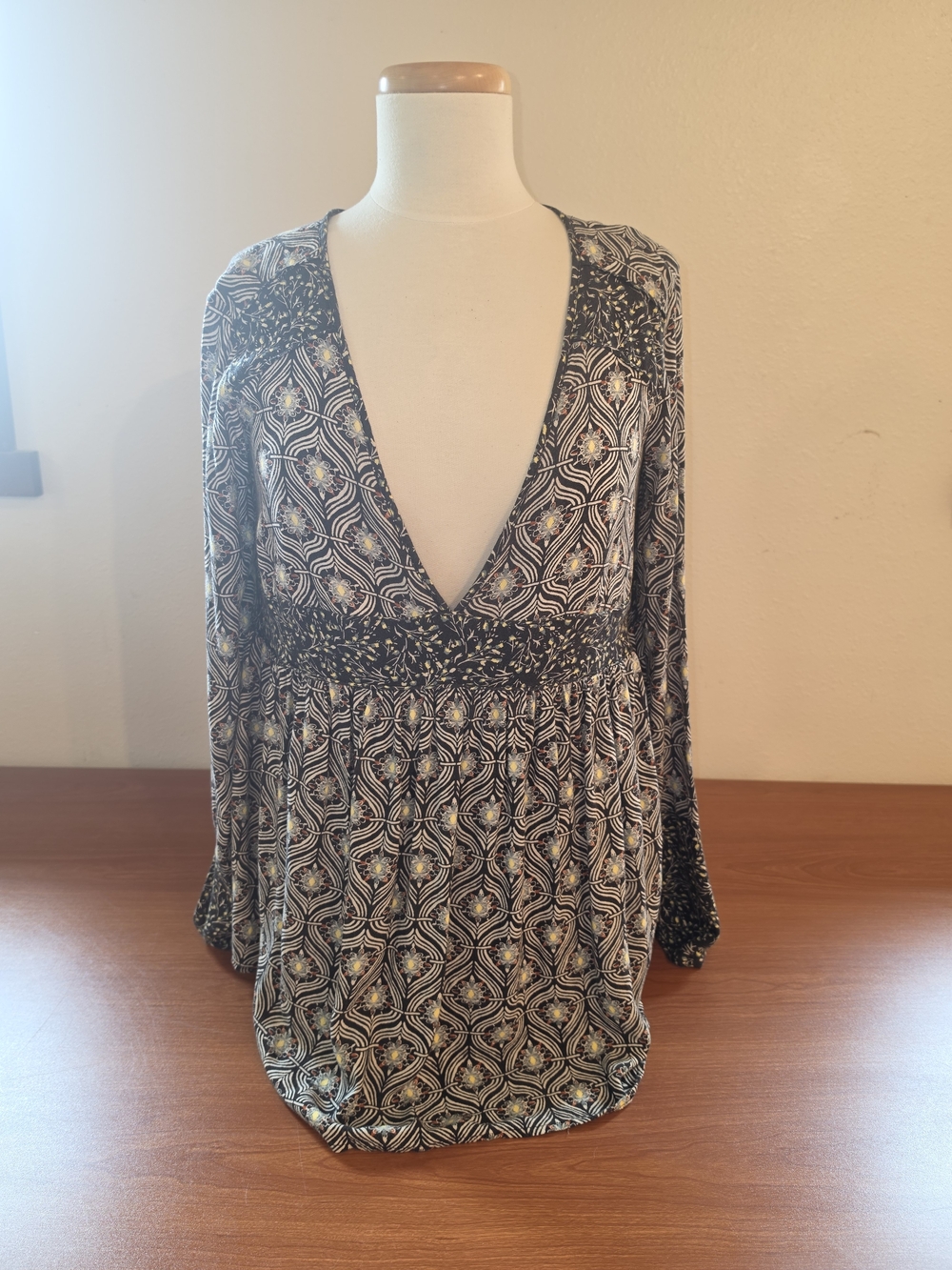 Free People Black and White Deep V-Neck Boho Blouse